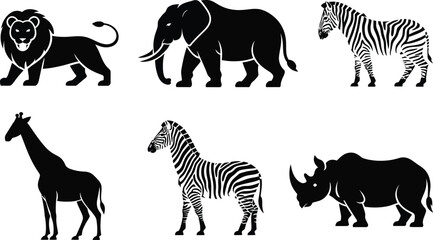 Collection of wild safari animal silhouettes lion elephant zebra giraffe and rhino with silhouette elephant wildlife collection background isolated adventure savannah predator herbivore © MstAsmaAkter