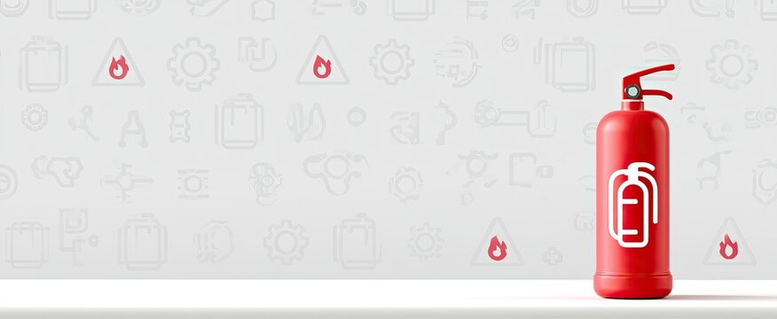 Red fire extinguisher with fire icons on grey patterned background