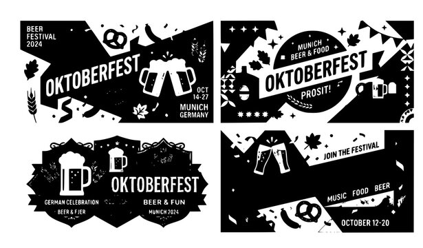 Modern Oktoberfest Poster Set with Beer Mugs Pretzels Sausages Hops and Geometric Festival Design