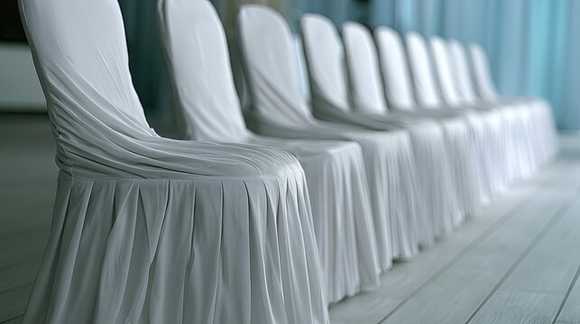 Row of white draped chairs on wooden floor