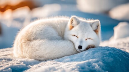 Fototapeta premium Arctic Fox Curling Up in a Tight Ball on the Frozen Tundra Landscape