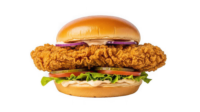 A crispy fried chicken sandwich with lettuce, tomato, pickles, and red onion, isolated on transparent background