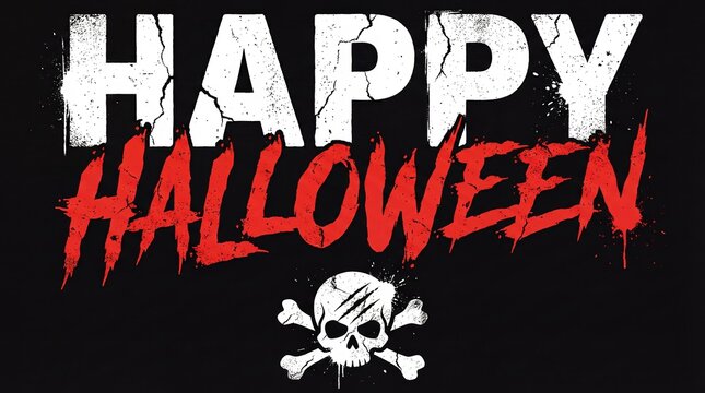 Happy halloween text graphic design with skull and crossbones on black, seasonal