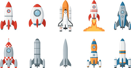 Space Rocket Ship and Space Shuttle Launch Exploration Vector Icon Set Featuring Flat Cartoon Spaceships Boosters Missile and Sci-Fi Rocketcraft Designs © monoara