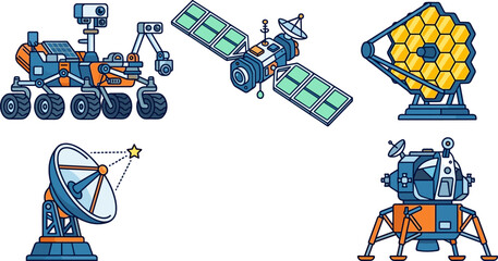 Space Exploration Technology Icon Set with Mars Rover Satellite James Webb Telescope Radar Dish and Lunar Lander for Astronomy Education and Science Vector Graphic Designs © monoara