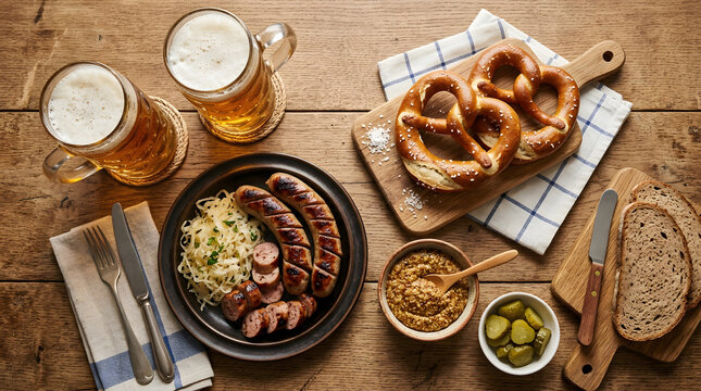 Top view of two beer steins, pretzel basket, sausage skillet, sauerkraut, mustard, pickles, and bread on a rustic wooden table.