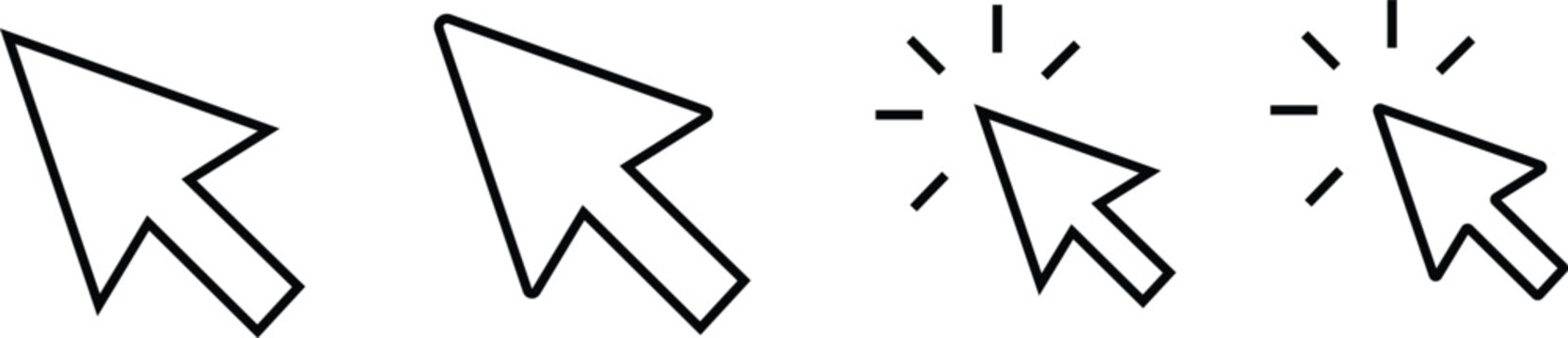 Four computer mouse cursor icons in different styles for clicking and selecting on a computer screen interface for design and technology