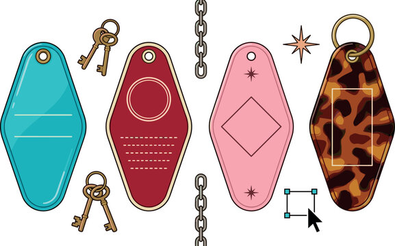 Retro Vintage Hotel Keychain and Motel Key Tag Vector Template Set with Tortoiseshell Pattern, Blank Badges, Metal Chains, and Old Keys for Branding Designs