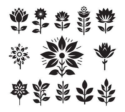 Minimalist Black Flower and Leaf Icons Set.Geometric Botanical Silhouettes Isolated on White Background