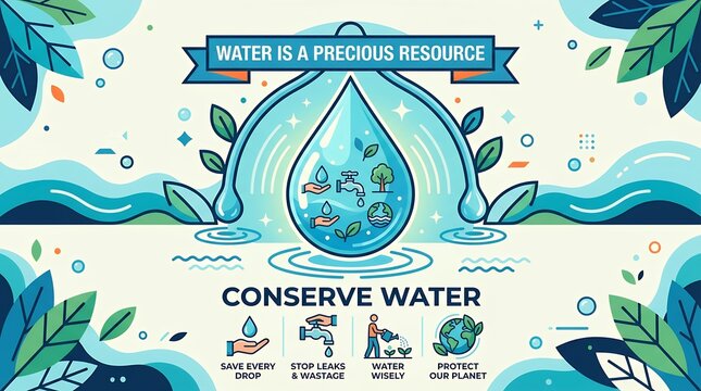 Conserving Water Resource Illustration with Pixel Art Style Drop Design