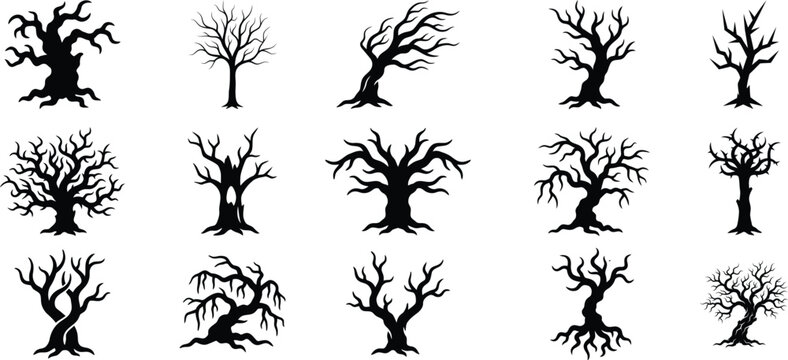Collection of creepy dead tree silhouettes with twisted branches.