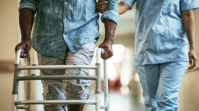 Female caretaker supporting an elderly man's forearm as he steps forward with a walking frame in a care home corridor. Concept of elderly mobility assistance.