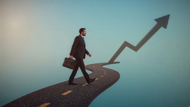 businessman walking on fluctuating graph path career ups and downs professional growth journey success ambition forward momentum in blue green gradient with golden light shallow depth of field