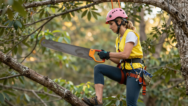A focused woman, a professional arborist, prepares to prune a tree branch with a saw. She wears safety gear and a harness, demonstrating expertise in outdoor tree care