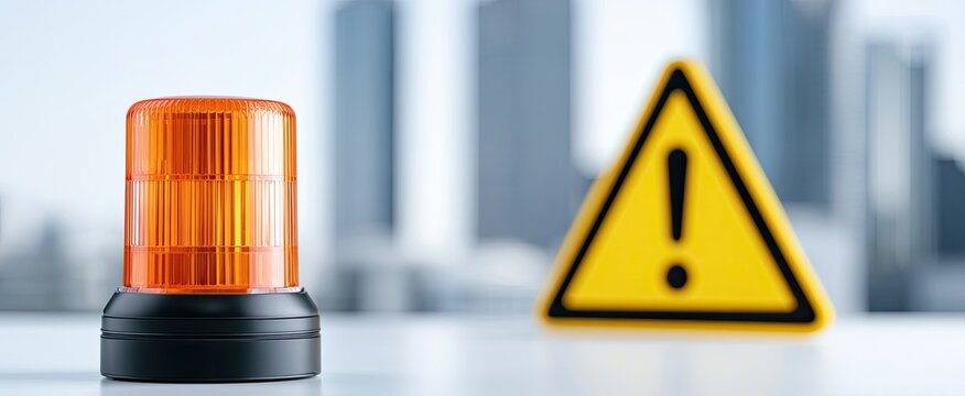 Amber warning light and hazard symbol in front of blurred urban background