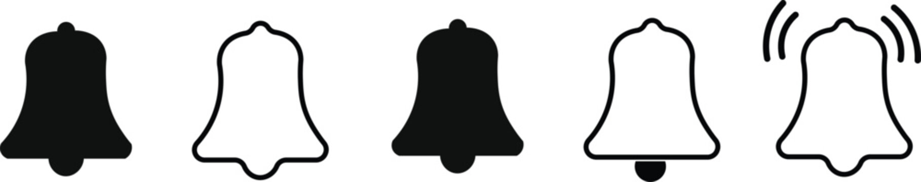 Set of bell icons in different styles and states  simple black and white line art illustrations of ringing and silent bells