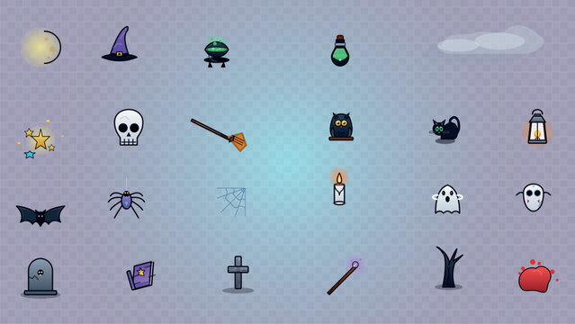Halloween vector icon set featuring spooky ghost pumpkin skull and witch elements for seasonal holiday graphic design