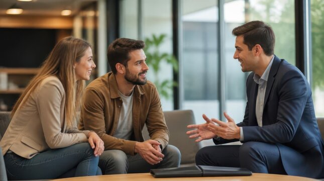 A professional financial advisor actively engages in a focused discussion with a young couple, gesturing attentively to explain important concepts during a consultation session that fosters