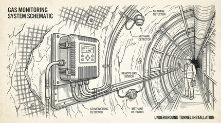 Obraz premium Gas Monitoring System Schematic Underground Tunnel Installation.