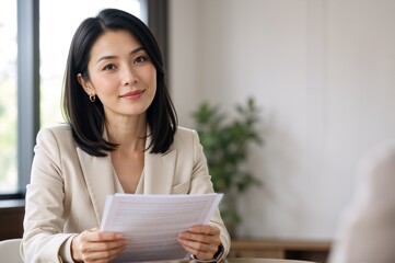 Naklejka premium Professional Asian businesswoman holding a document in a modern office. Confident female manager in beige blazer at work. Recruitment and human resources concept
