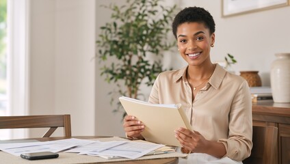 Fototapeta premium Smiling young Black businesswoman holding a folder at a desk. Happy female professional working with documents in a bright office. Entrepreneurship and success concept