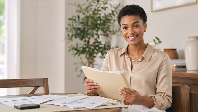 Smiling young Black businesswoman holding a folder at a desk. Happy female professional working with documents in a bright office. Entrepreneurship and success concept