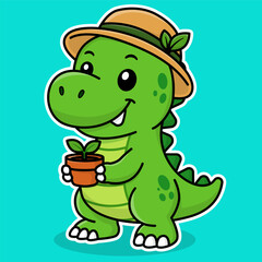 Fototapeta premium Cute Gardener Dinosaur Mascot Vector Illustration Holding Sunflower in Kawaii Cartoon Style for Kids Design
