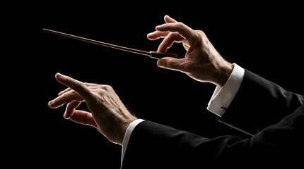 Obraz premium A detailed close-up of a professional orchestra conductor's hands, one holding a wooden baton, performing a dramatic musical movement against a stark, solid black background.