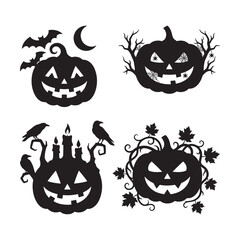 Obraz premium Evil Halloween Jack O Lantern Pumpkin Silhouette Set with Bats and Vines
