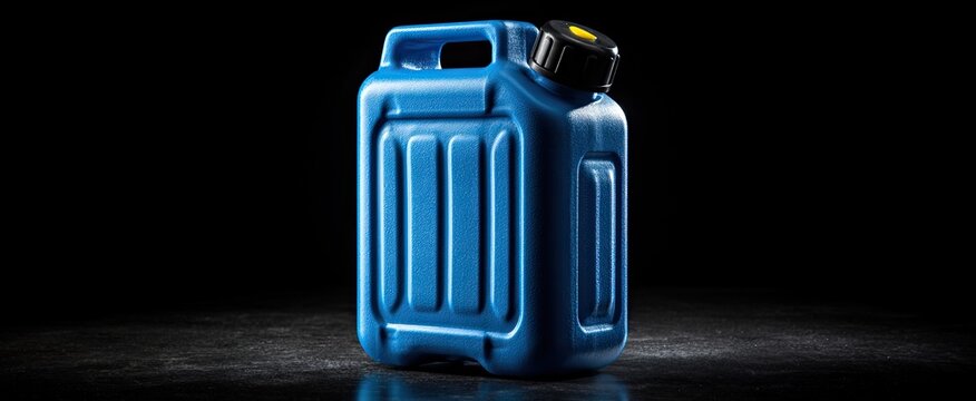Blue plastic container with a black cap and yellow accent against black