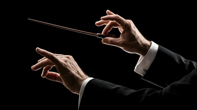 A detailed close-up of a professional orchestra conductor's hands, one holding a wooden baton, performing a dramatic musical movement against a stark, solid black background.