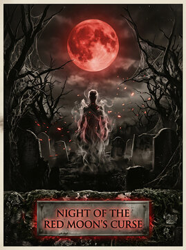 Ghostly figure standing in cursed cemetery under red full moon with cemetery