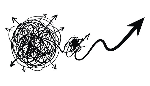 Tangled arrow graph showing confusion progress and direction from chaos to clarity path.