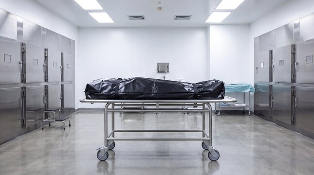 Body bag on stretcher in sterile hospital morgue setting  