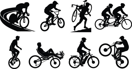 Set of professional cyclist silhouettes featuring mountain biking, racing, tandem, and various specialty bicycle sports activities © Mokbul