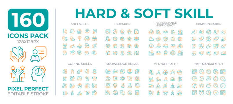 Hard and soft skills two color line icons set collection. Technical measurable abilities. Communication bicolor outline mega pack isolated, pixel perfect. Duotone thin lineart. Editable stroke