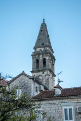 Fototapeta premium The 55-meter bell tower of St. Nicholas Church in the historic town of Perast, Montenegro.