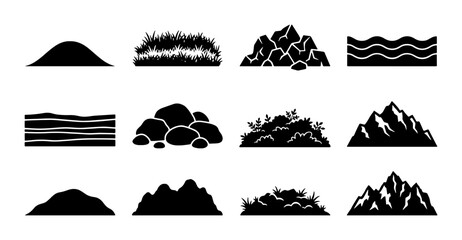 Diverse Landscape Elements Vector Icons: Hills, Mountains, Water, Rocks, Grass © Shraboni