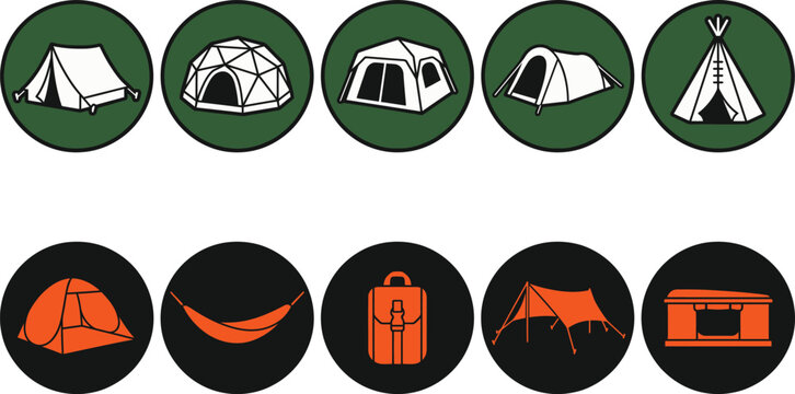 Camping tent icons set featuring various outdoor shelters and equipment designs on circular colored backgrounds