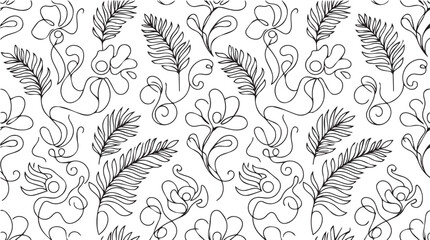 Fototapeta premium Minimalist monochrome floral vector texture with elegant line drawing single line ornaments