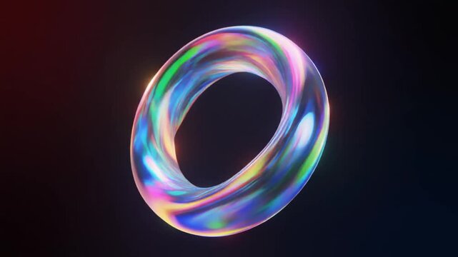 Abstract iridescent torus shape rotating slowly on dark background motion graphics