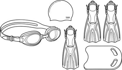 Swimming Equipment Vector Icon Set with Goggles Swim Cap Flippers and Kickboard Outline Graphic Elements for Pool Training and Water Sports Designs © monoara