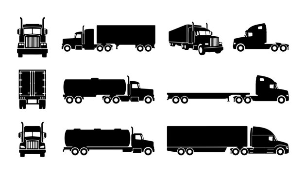 Truck Icons Set: Semi-Trailer Trucks, Tankers, Flatbeds, Vector Graphics for Logistics