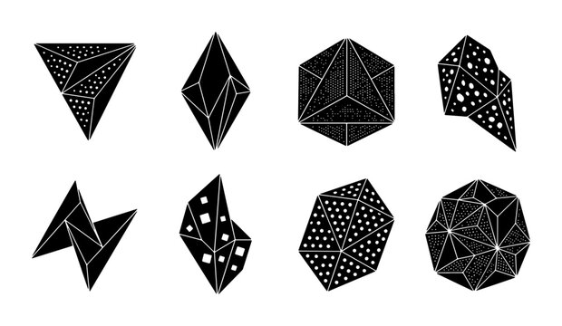 Abstract Geometric Shapes, Black Crystal Forms, Modern 3D Objects, Minimalist Design Elements