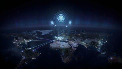 Naklejka premium Global Digital Network Connectivity and Data Transfer Visualization at Night