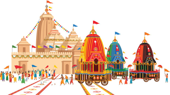 Vibrant indian rath yatra festival scene with temple and chariots
