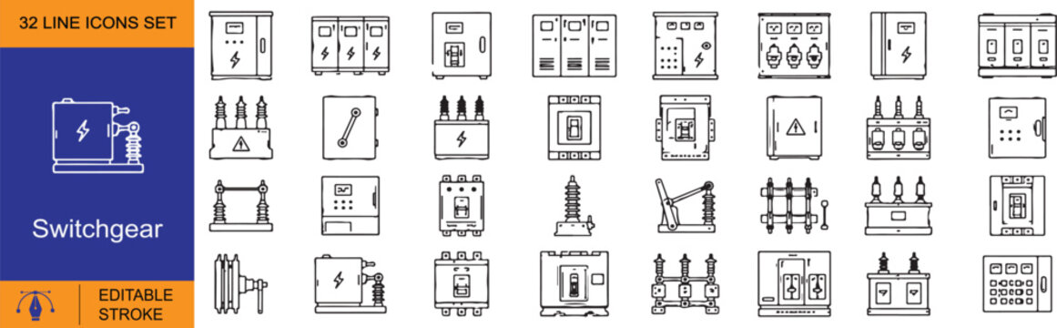 32 Switchgear Vector Outline Icons Set &ndash; Electrical Power Distribution Editable Stroke Line Icon Collection