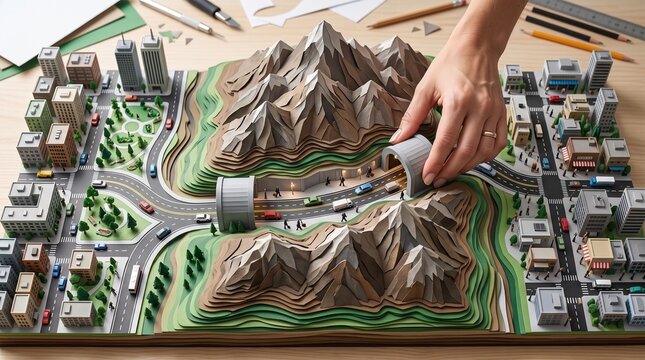 Detailed architectural model of a city and mountain landscape with intricate roads and buildings, showing urban development and nature integration
