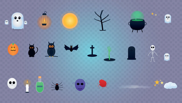 Halloween vector bundle set with cute ghosts, pumpkin, spooky characters, and holiday elements for festive design projects