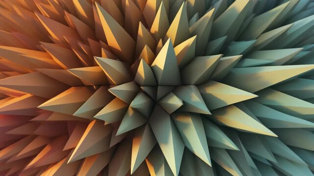 Abstract 3D geometric spikes expanding outwards in a radial pattern with warm and cool lighting